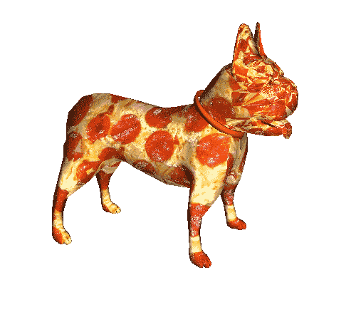 This frenchie dog is literally made of pizza